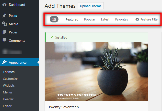 select and install WordPress Theme with filter option