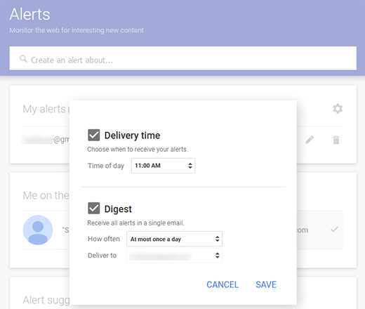how to turn on delivery time in google alerts